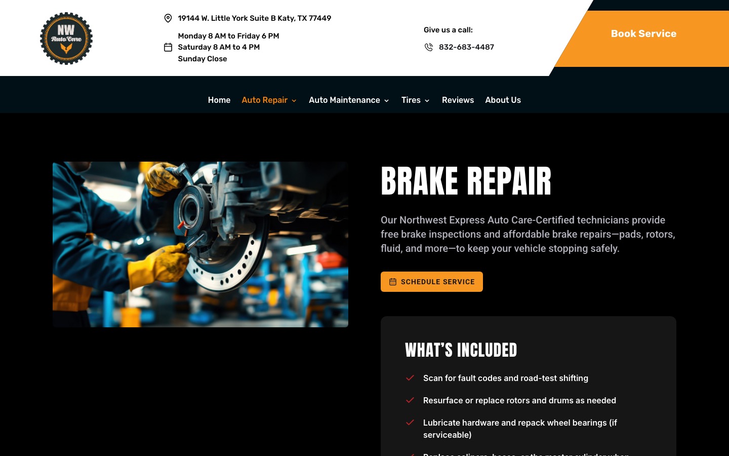 Northwest Express Auto Care brake repair page on desktop, captured October 3 2026