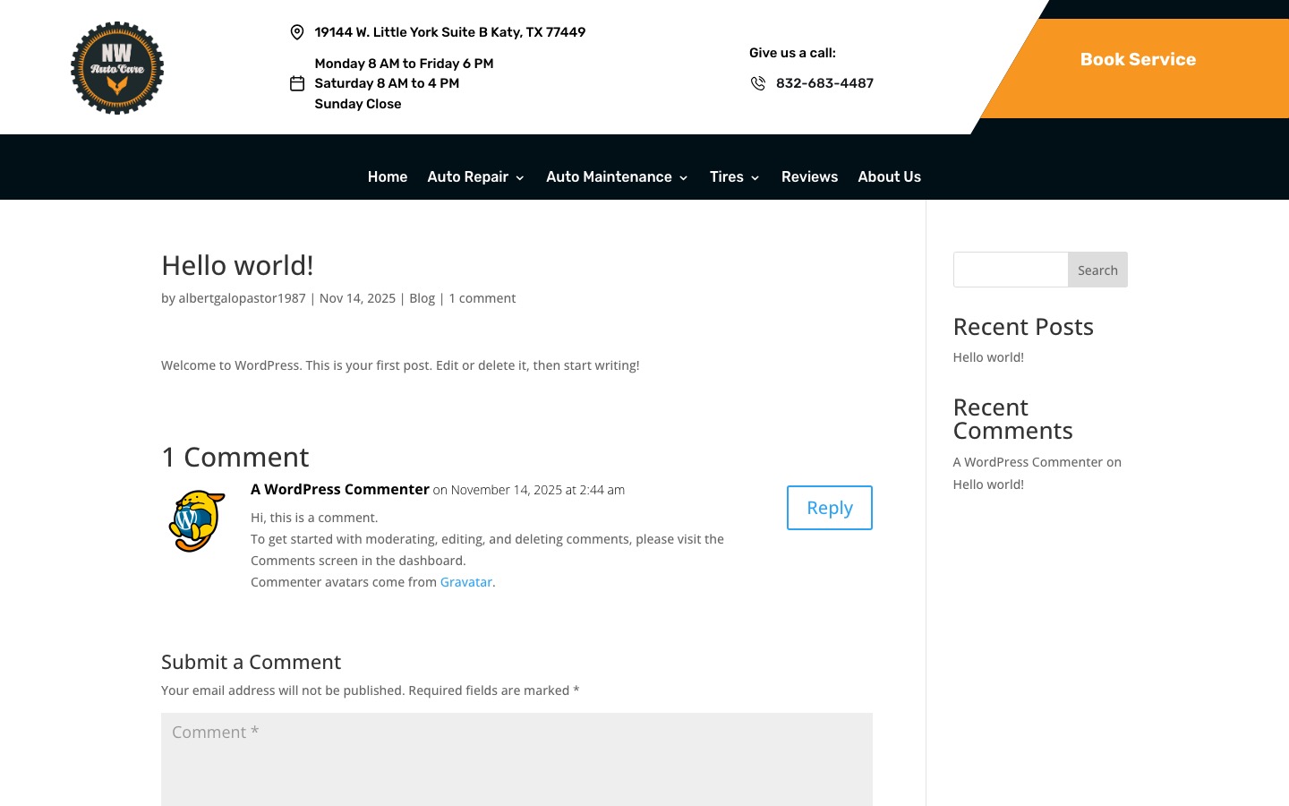 Default WordPress Hello world post live on nweautocare.com by albertgalopastor1987, captured October 3 2026